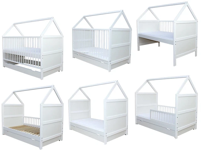 Babybett Kinderbett Bett Haus 140x70 cm mit Matratze Schublade weiss 0 bis 6 J.