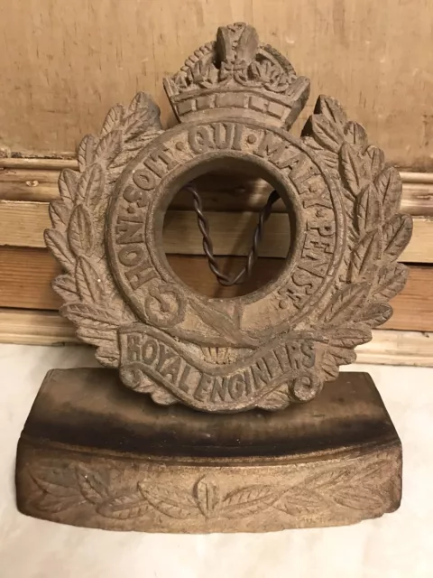 vintage royal engineers carved wooden cap badge and stand - trench art ?