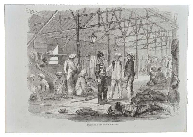 HONG KONG ANTIQUE PRINT, CHARLES WIRGMAN / Interior of a Mat Shed in Hong-Kong