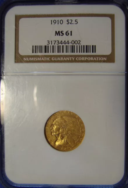 *Very Nice Looking 1910 $2.50 Gold Indian Quarter Eagle - Ms-61 Ngc**