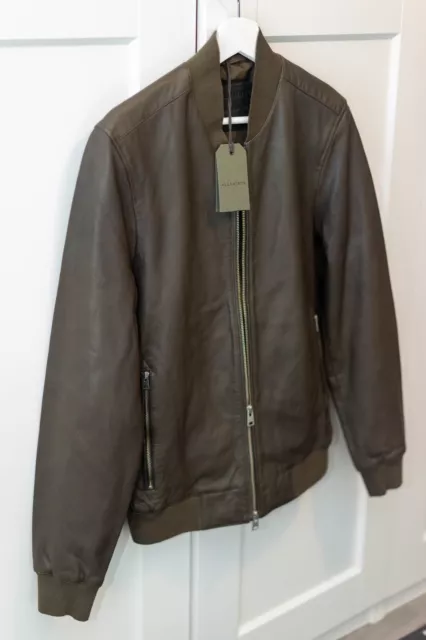 Stunning Men’s All Saints Khaki NIKO Bomber Leather Jacket RRP £318 XS