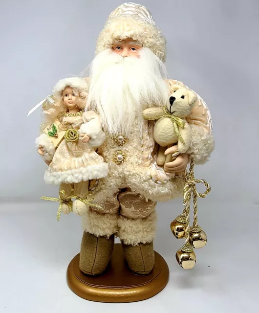 Winter White And Gold Santa Claus With Porcelain Doll, Bear & Bells Figure 17 in