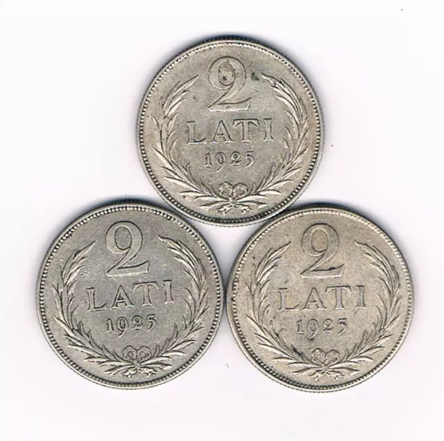 Lot of three (3) Vintage Latvian 2 Lati Coins 1925 KM# 8 Latvia SILVER .835