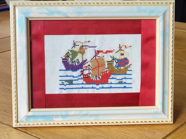 Vintage Completed ‘Three Ships’ Festive Cross Stitch Framed Picture