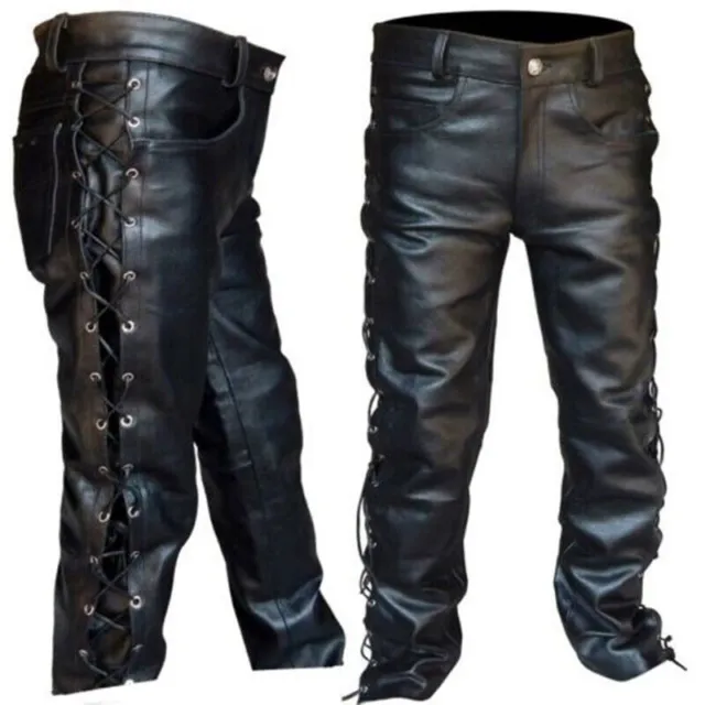 Mens Motorcycle Pencil Pants Gothic Faux Leather Cross Lace Up Fashion Trousers