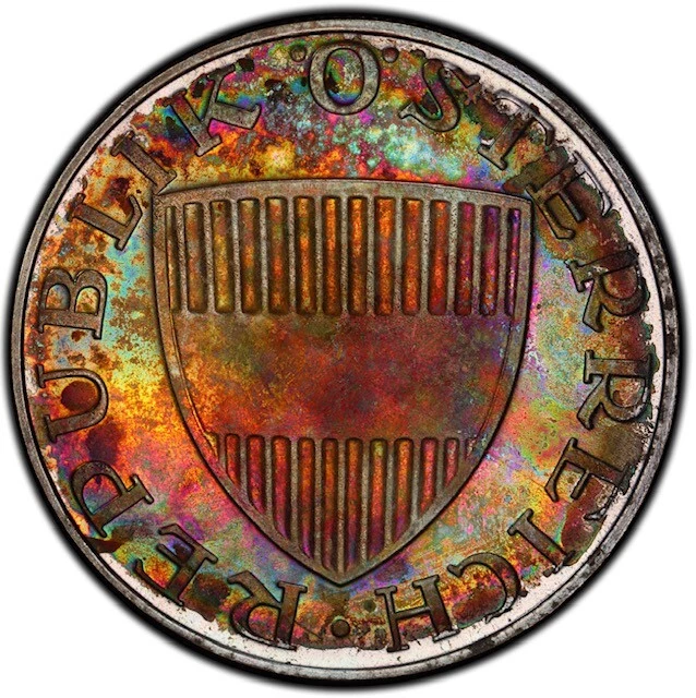 PR65 1965 Austria 10 Schilling Silver Proof, PCGS Secure- Rainbow Toned