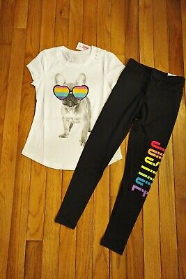 NWT Justice Girls Outfit Rainbow Bulldog Top/Logo Leggings Size 6 7 8 10 12