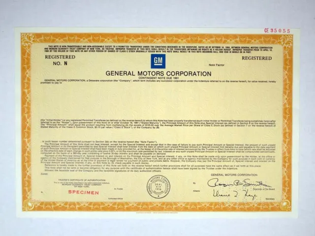 General Motors Corp., 1984. Registered Specimen Bond, XF-AU. S-C USBNC
