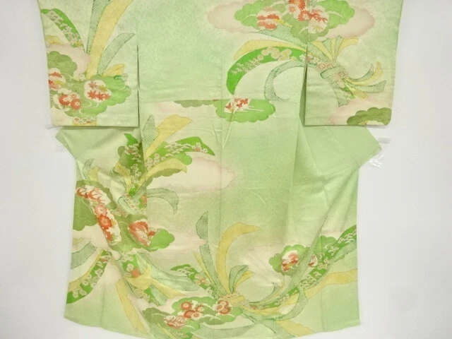 42806# Japanese Kimono / Antique Kimono / Embroidery / Noshi Pattern & Flora