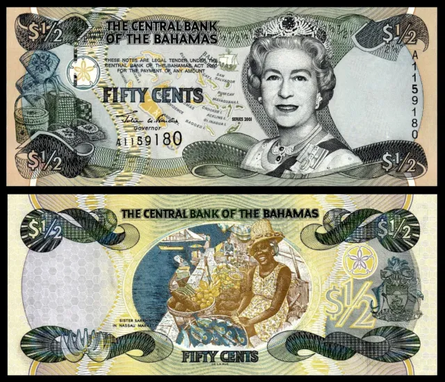 🇧🇸 BAHAMAS Half (1/2) $ Dollar, 2001, P-68, Queen Elizabeth II, UNC ***