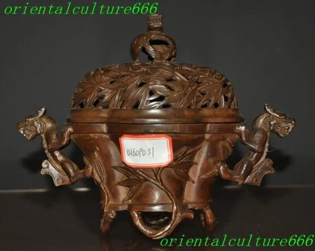 7.8"China bronze Feng shui dragon loong beast Bamboo leaf Incense burner Censer