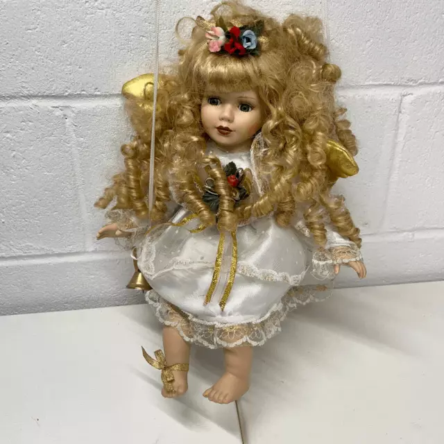 Rose Collection Vintage Porcelain Angel Doll on Wooden Swing Blond Curly Hair