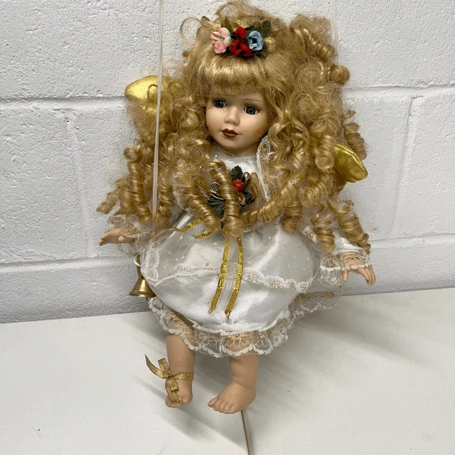 Rose Collection Vintage Porcelain Angel Doll on Wooden Swing - Blond Curly Hair