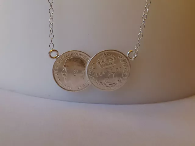 Two Coin Necklace Solid sterling silver.genuine threepence coins