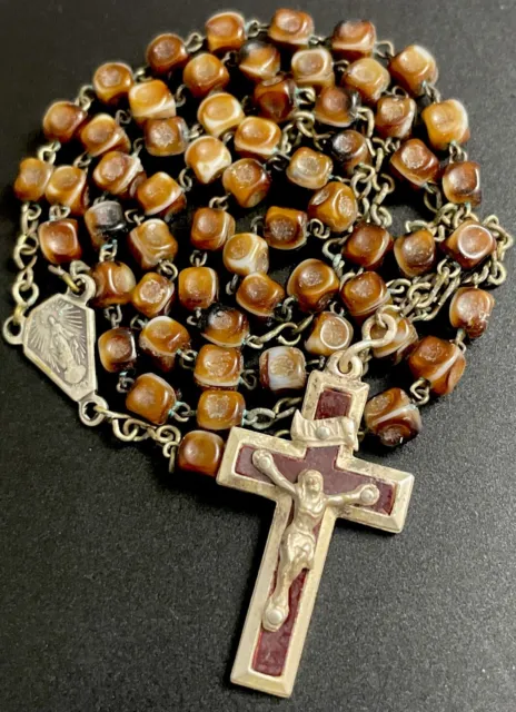 Rosario pequeño rosario esmaltado de vidrio oscuro pintado católico vintage, crucifijo esmaltado