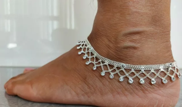 Stunning Silver Diamante Anklet Ankle Indian Payal Bridal Foot Jewellery