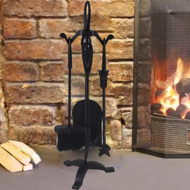 Black 5 Piece Fireplace Fireside Companion Set Fire Tools Stand Accessories 3