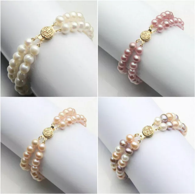 2 Rows 7-8mm /8-9mm Genuine Natural Freshwater Akoya Pearl Bracelet 7.5"