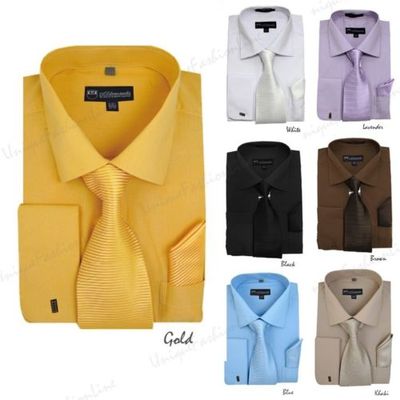 New Men's French Cuff Dress Shirt + Tie + Handkerchief Set Spread Collar SG27