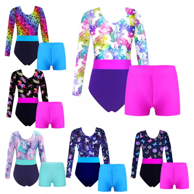 Kids Girls Long Sleeve Gymnastic Ballet Dance Leotard Bodysuit with Shorts Set