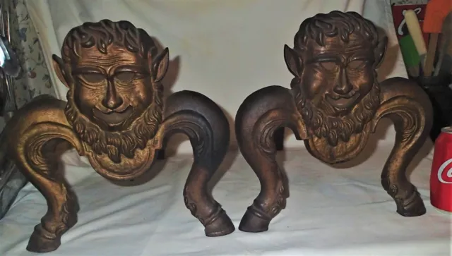 Antique Primitive Bradley & Hubbard Cast Iron Satyr Faun Pan Fireplace Andirons