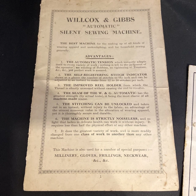 VINTAGE PRICE LIST Book Willcox & Gibbs Automatic Silent Sewing Machine