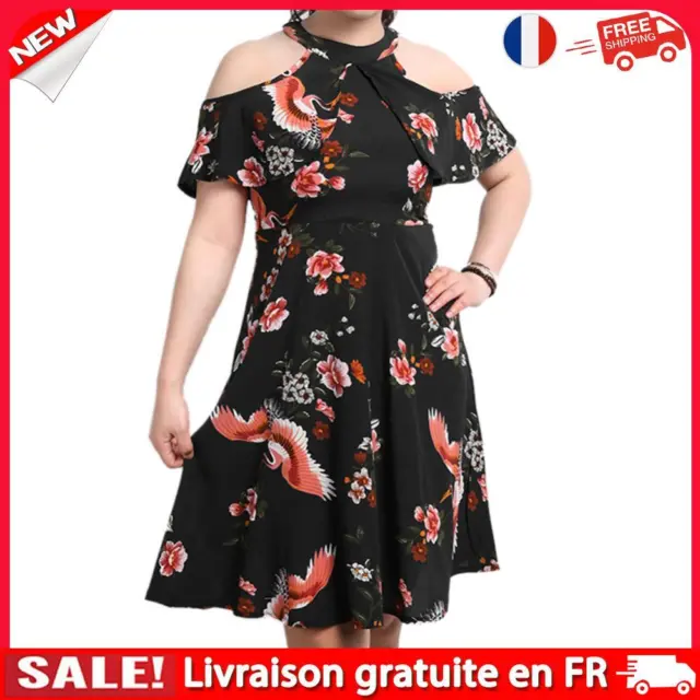 Women Chiffon Summer Half-Collar Sexy Off Shoulder Crane Print A-line Dress-2060