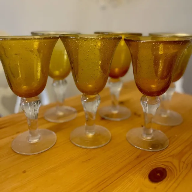 Six ARTLAND Amber Iris Bubbles Hand Blown Water Goblets Wine Glasses 8” Set Of 6