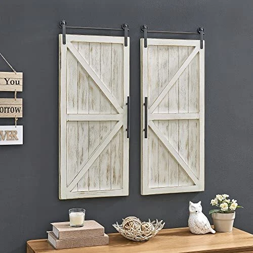 FirsTime & Co. Carriage House Barn Door Wall Plaque Set 34"L x 14"W Aged Whit...