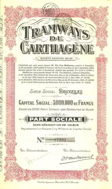 1928 Tramways de Carthagene (Tramways of Cartagena) bond certificate - railroad