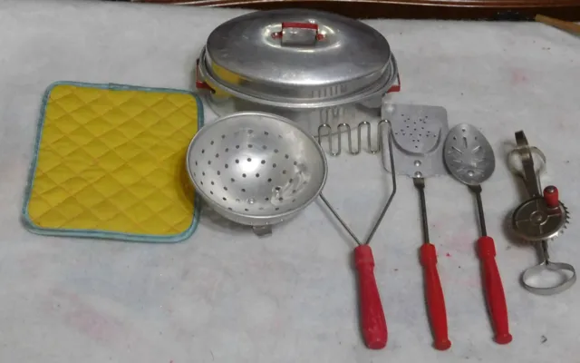 Vintage Metal Red Wood Handle Utensils Childs Toy Kitchen Roaster Bakeware