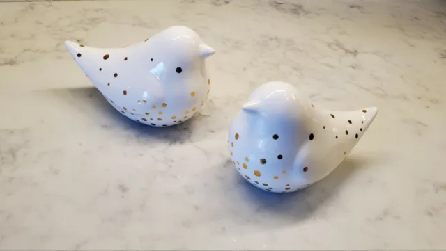 Pair of Ceramic Birds Statues Modern Home Decor Glossy White with Gold Accents
