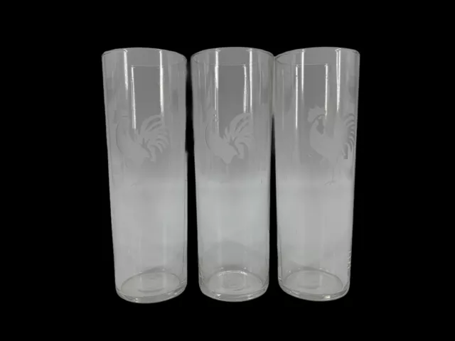 Libbey Rooster Etched Frosted Barware Glasses Set of 3 Tom Collins