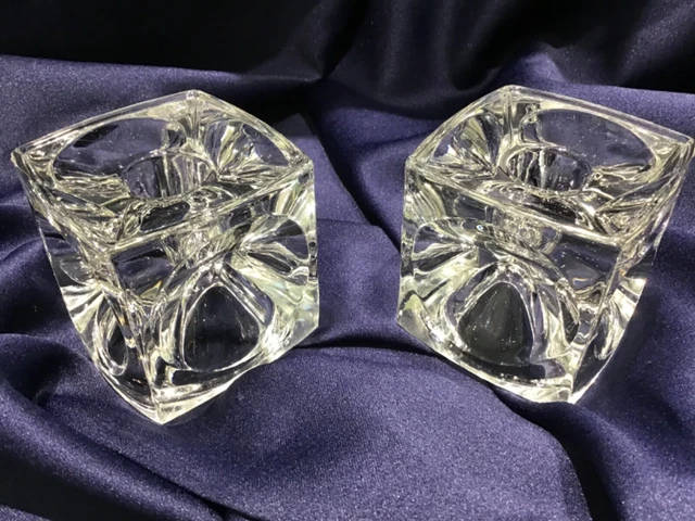 PEILL & PUTZLER? CRYSTAL clear ICE CUBE glass block CANDLE HOLDERS excellent MCM