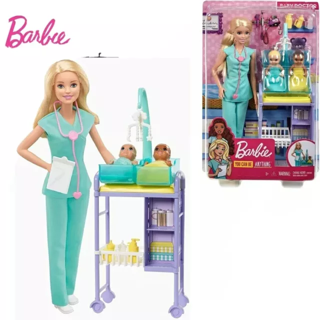 Ensemble de jeu pour bébé Barbie avec poupée brune, 2 poupées pour  nourrissons, Table d'examen
