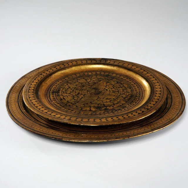 Burmese Antique Lacquerware Black Gold Wood Plates 19thC Peacock Myanmar Ran Yun 6
