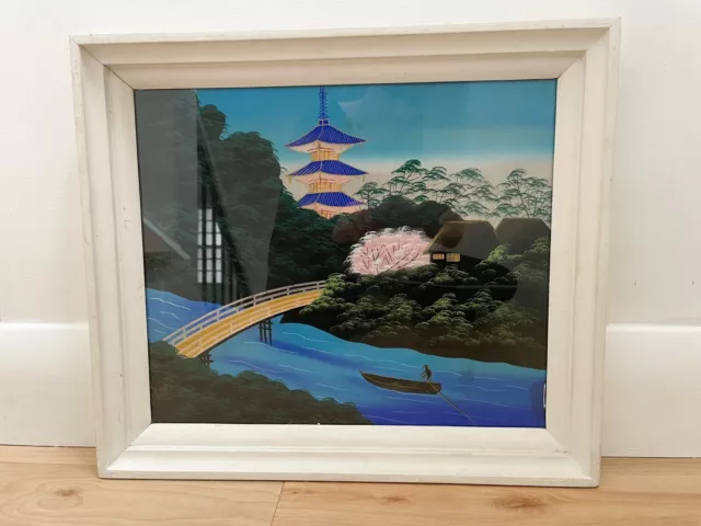 Vintage Framed Japanese Silk Art Wood Frame Handpainted Landscape 1950s