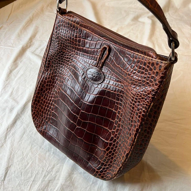 Longchamp Roseau Shoulder Bag Leather Croc Embossed Brown Made in France 6