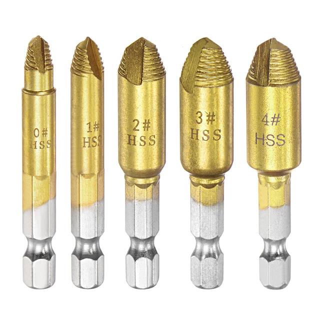 #0 #1 #2 #3 #4 1/4" Shank Titanium Coated Damaged Screw Extractor Set (5pcs)