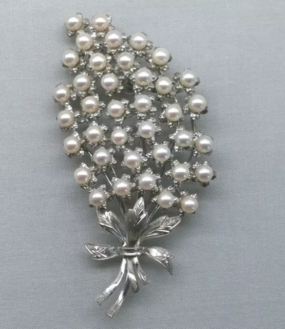 Vintage Sterling Silver Pearl Brooch Lilac Floral Spray Japan Cultured Akoya 3+" 3