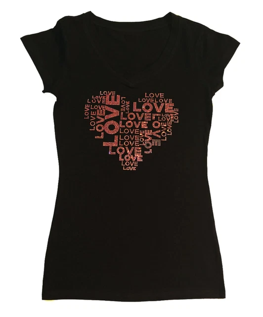 Women's Rhinestone T-Shirt Love Collage in Pink AB in Size - Sm to 3X