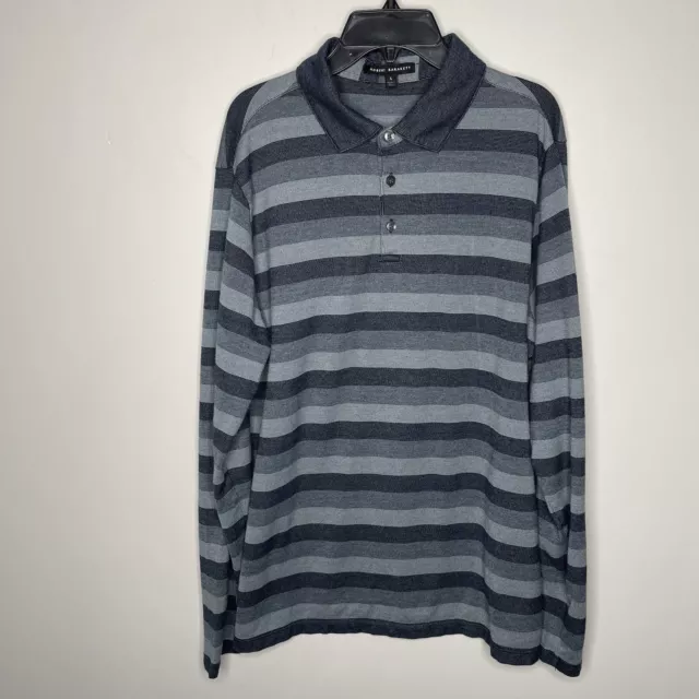 ROBERT BARAKETT Polo Shirt Mens Large L Blue Striped Long Sleeve Cota Cotton