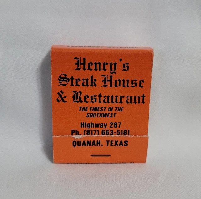 VINTAGE HENRY'S STEAK House Restaurant Matchbook Quanah Texas