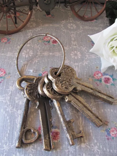 Old Style Shabby Rustic Metal Gold Cast Iron Dreams ~ Love  Keys On Ring