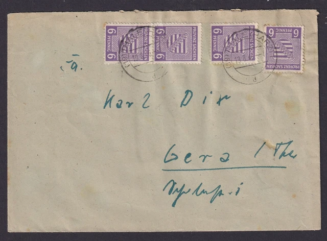 Briefmarken SBZ Brief MEF 6 Pfg. Provinz Sachsen Thale Harz n Gera 19.8.1946