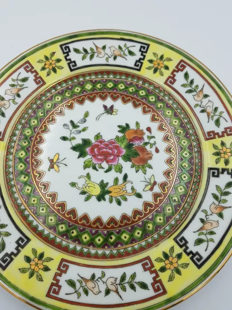 Plaque D'affichage Vintage Porcelaine Chinoise 9" Peinte À La Main Pivoine Fleurs Oiseaux Garniture Or 2
