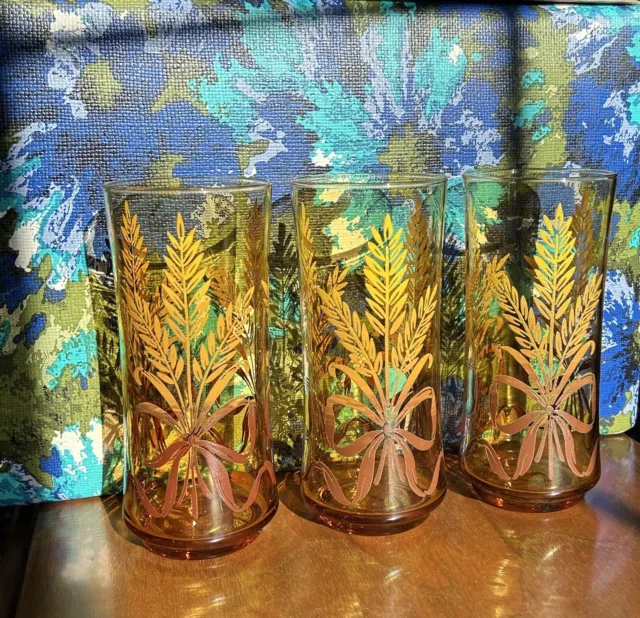 Vintage Set of 3 Libbey Glasses Amber Gold Bounty Pattern Brown Wheat Bow Ombré