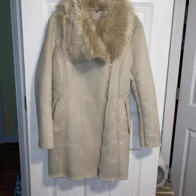 Calvin Klein Asymmetrical Faux-Shearling Coat Latte Medium