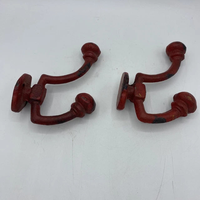 Cast Iron Antique Style Red 2 Coat Hooks Hat Hook Rack Hall Rustic Decor Craft