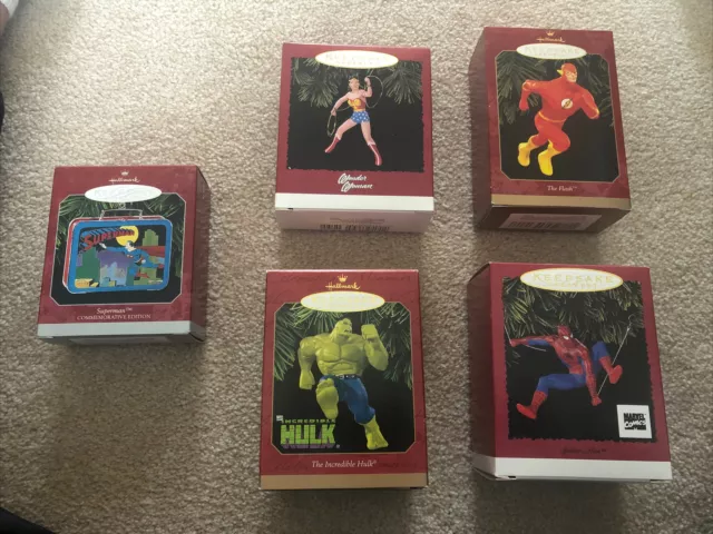 Lot of 5 Hallmark Keepsake Ornament Wonder Woman Hulk The Flash Spider-Man Super